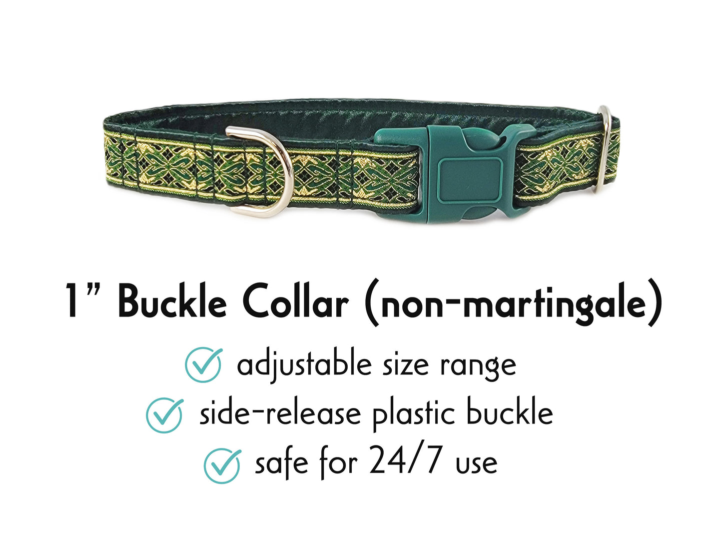 1 Inch Wide Green, Gold Clifden Buckle Dog Collar by The Hound Haberdashery