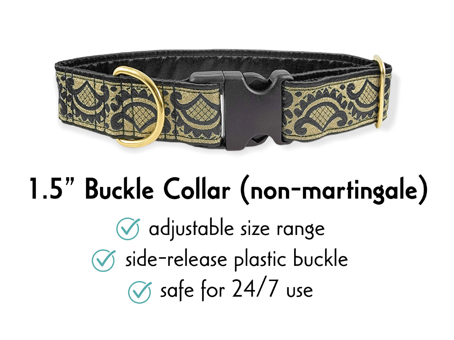 1.5 Inch Wide Black, Gold Tivoli Buckle Dog Collar by The Hound Haberdashery