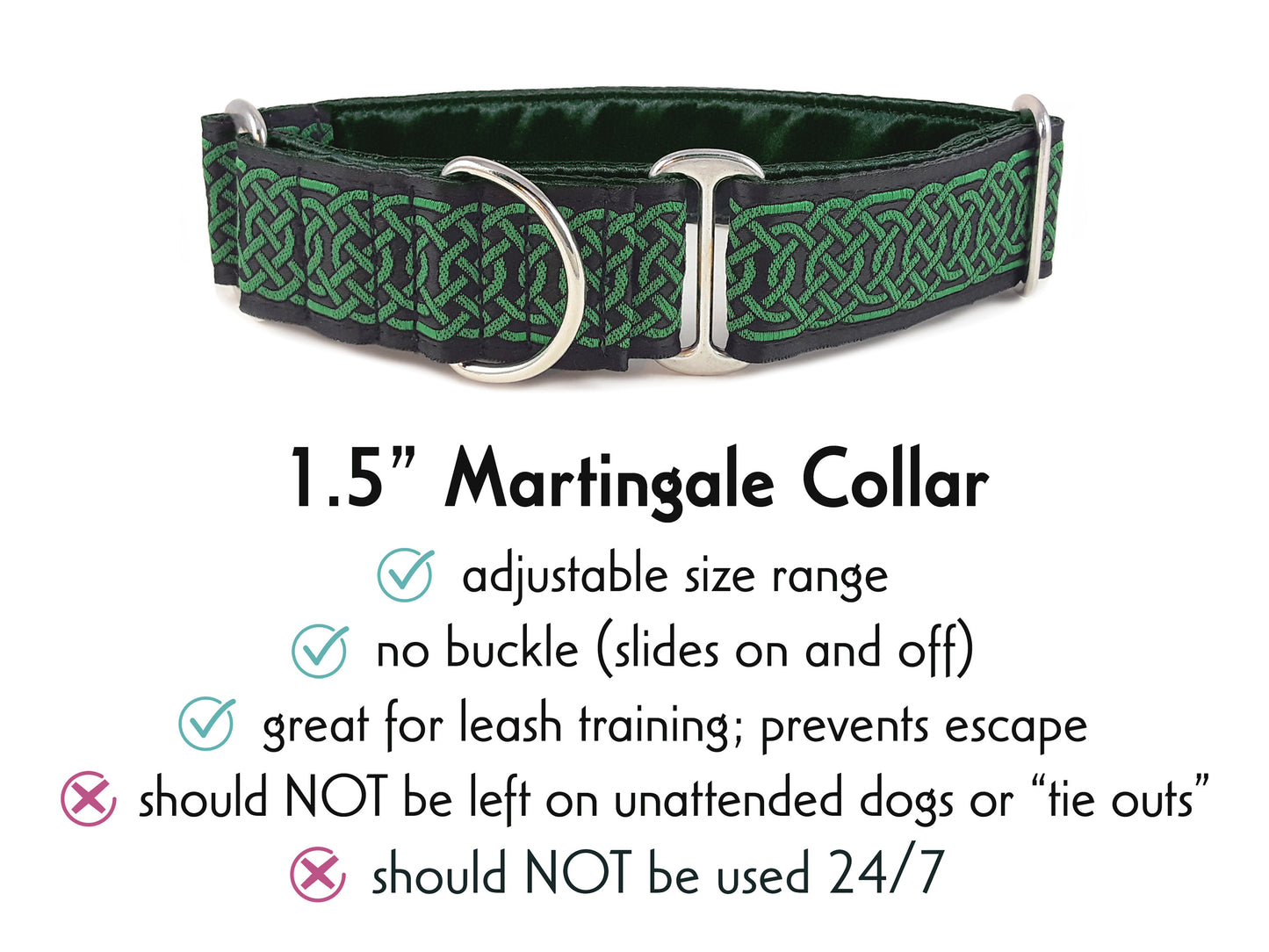 1.5 Inch Wide Black & Green Wexford Celtic Braid Martingale Dog Collar by The Hound Haberdashery