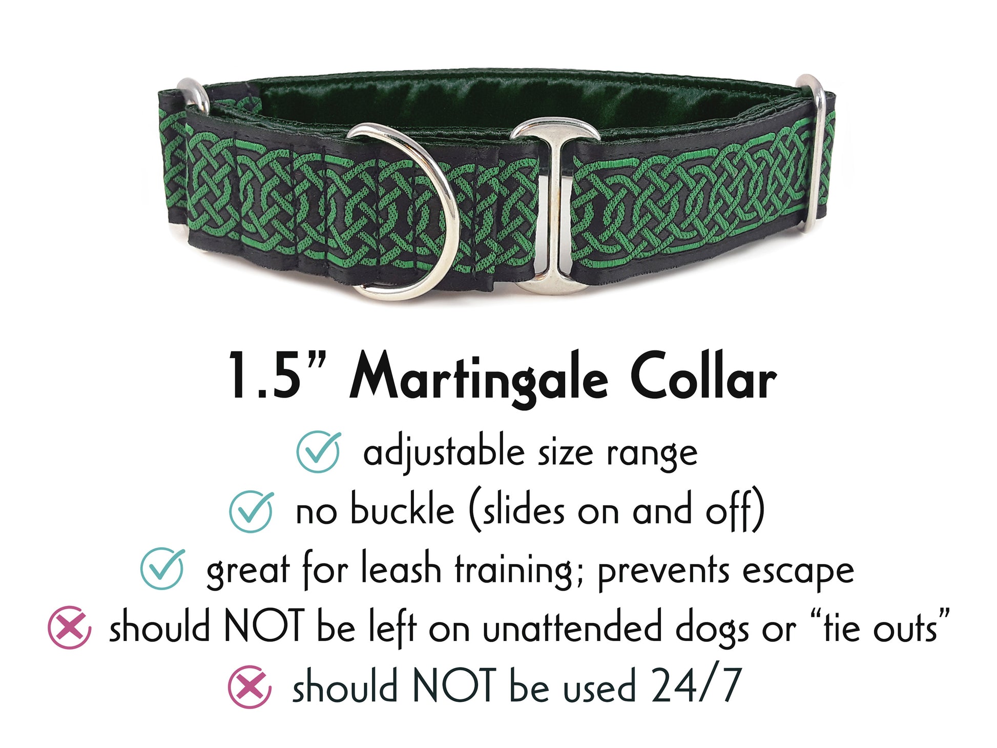 1.5 Inch Wide Black & Green Wexford Celtic Braid Martingale Dog Collar by The Hound Haberdashery