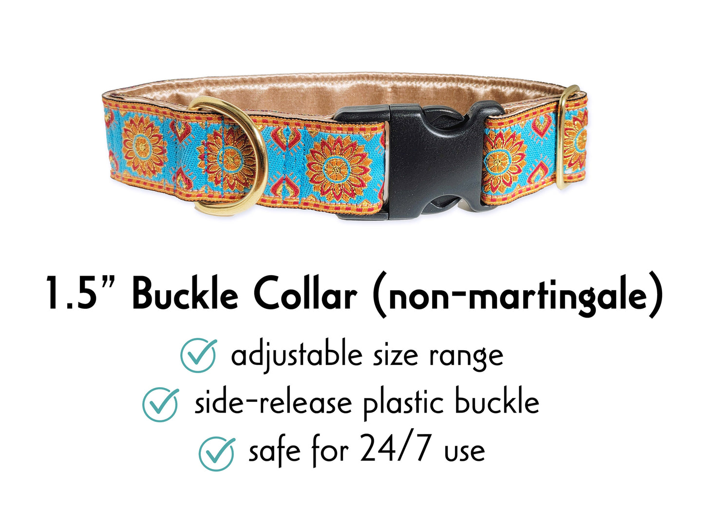 1.5 Inch Wide Turquoise, Orange Sunburst Buckle Dog Collar by The Hound Haberdashery