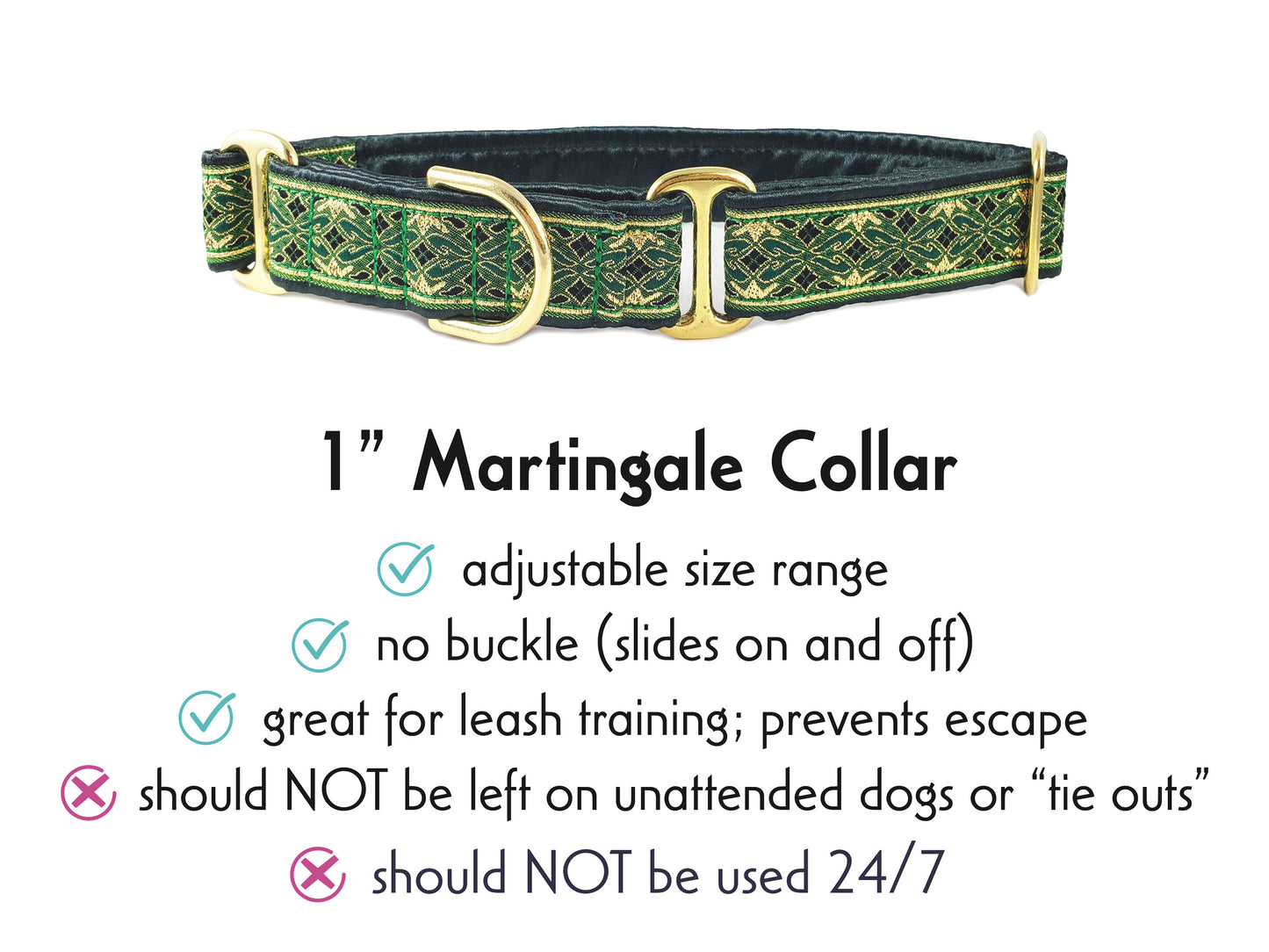 1 Inch Wide Green, Gold Clifden Martingale Dog Collar by The Hound Haberdashery