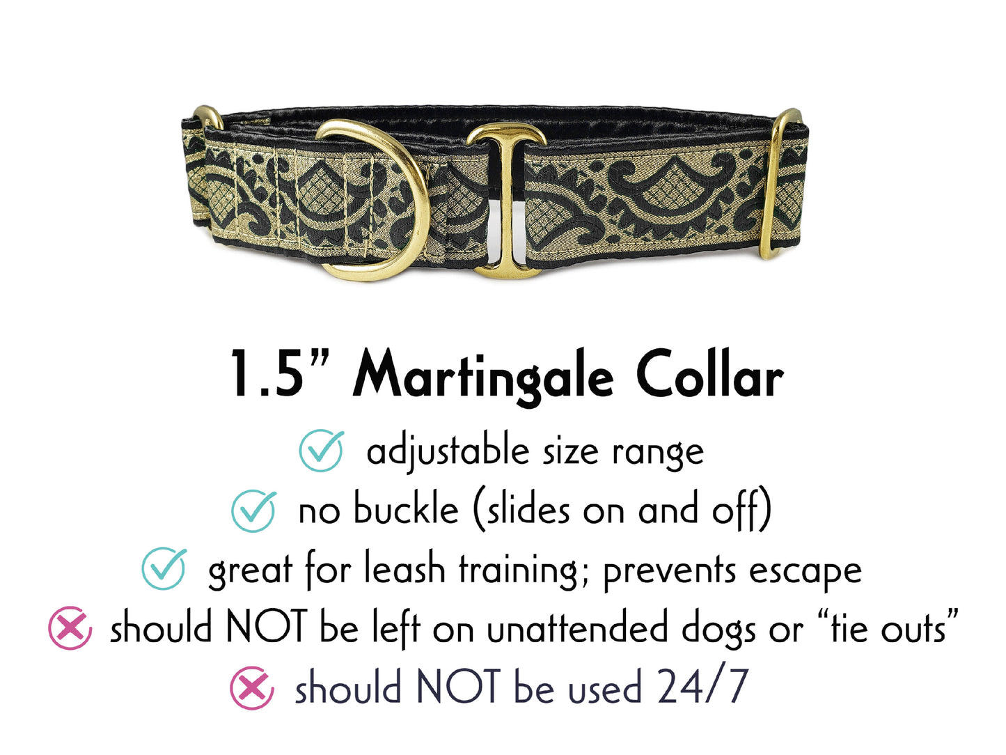 1.5 Inch Wide Black, Gold Tivoli Martingale Dog Collar by The Hound Haberdashery