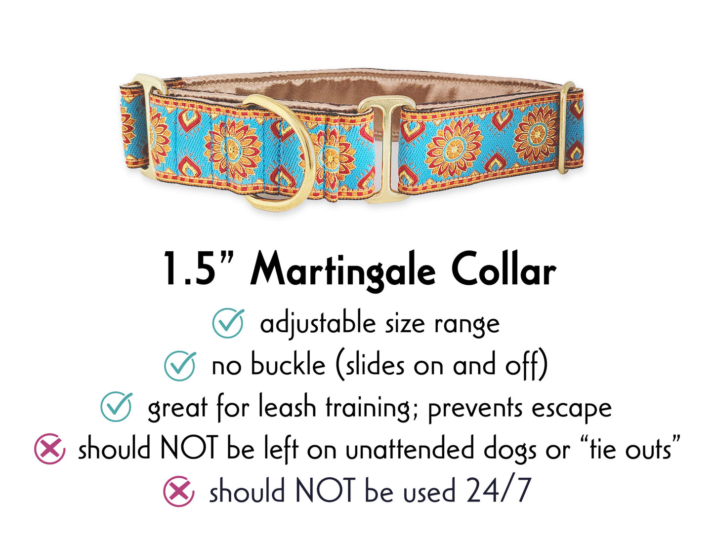 1.5 Inch Wide Turquoise, Orange Sunburst Martingale Dog Collar by The Hound Haberdashery