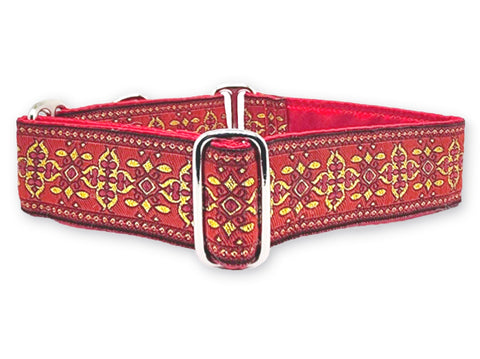Cashel Jacquard in Red & Metallic Gold - Martingale or Buckle Dog Collar - 1.5" Width