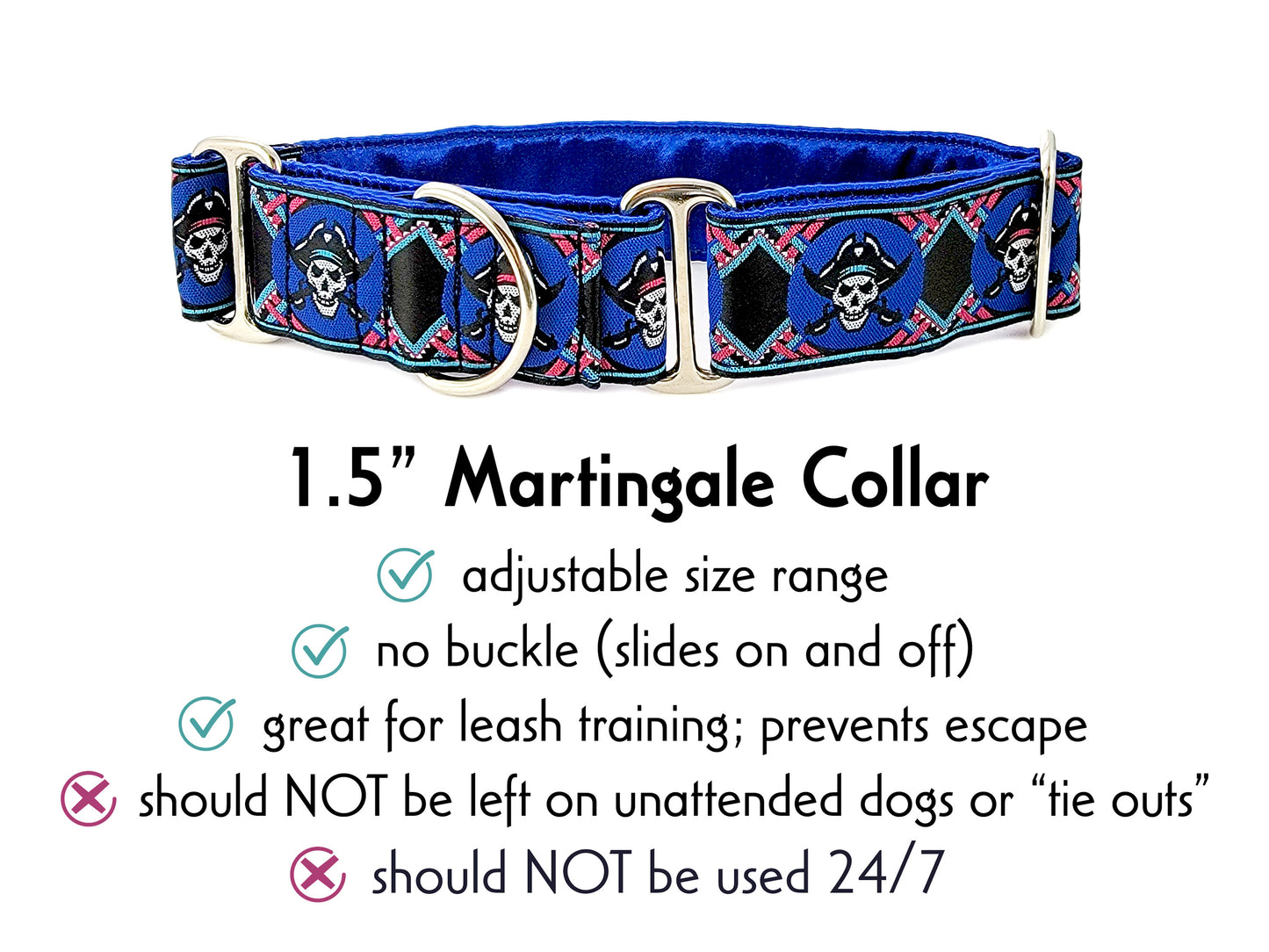1.5 Inch Wide Blue Pirates Martingale Dog Collar by The Hound Haberdashery