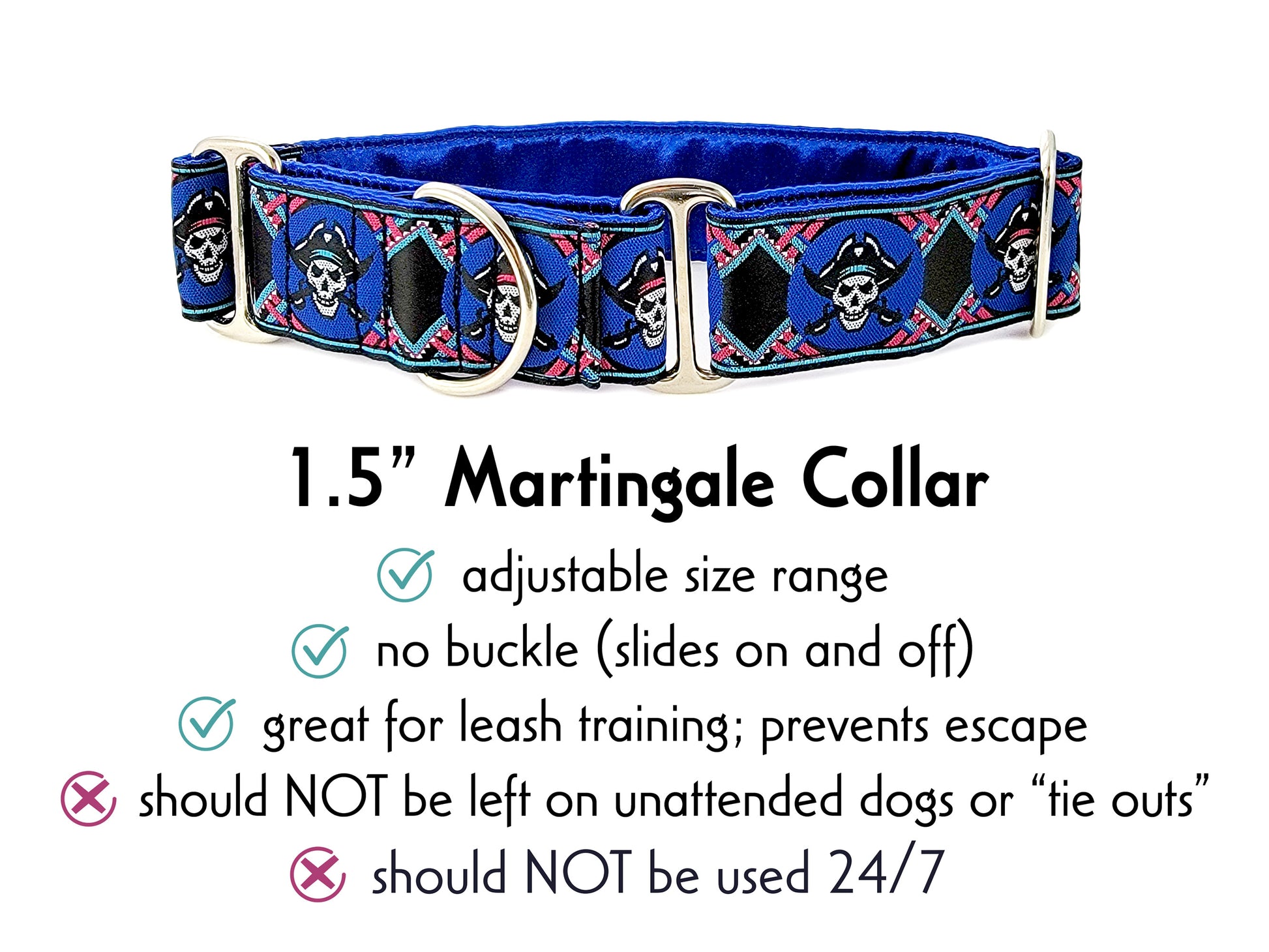 1.5 Inch Wide Blue Pirates Martingale Dog Collar by The Hound Haberdashery