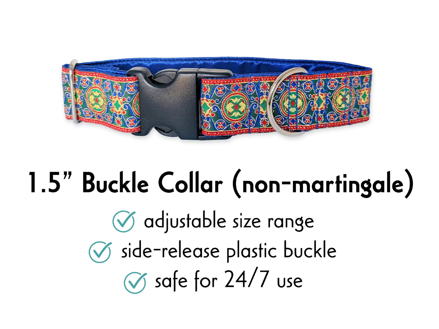 1.5 Inch Wide Red, Blue Renaissance Buckle Dog Collar by The Hound Haberdashery