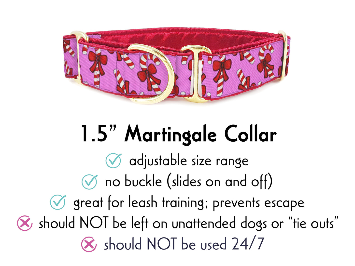 1.5 Inch Wide Christmas Candy Canes Dog Collar - Martingale or Buckle Style for Medium to Large Breeds, Whippets, Greyhounds, Poodles, Doodles
