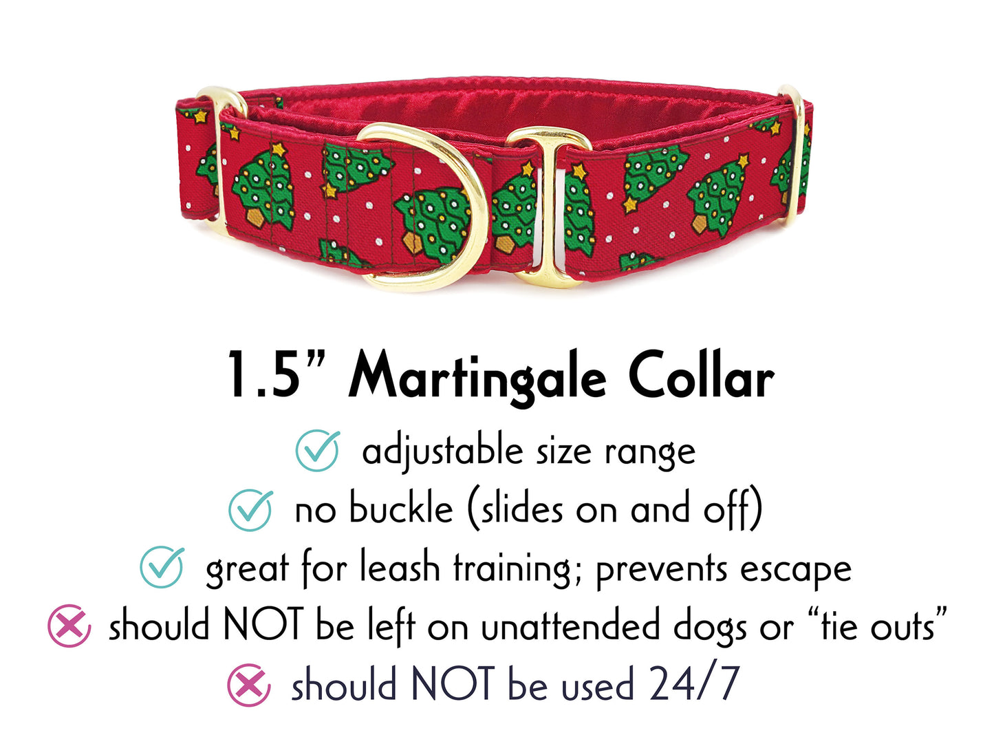1.5 Inch Wide Christmas Trees Martingale Dog Collar by The Hound Haberdashery | Adjustable, Satin-Lined Dog Collar for Medium to Large Breeds, Whippets, Greyhounds, Great Danes, Borzois, Silken Windhounds, Wolfhounds, Etc.