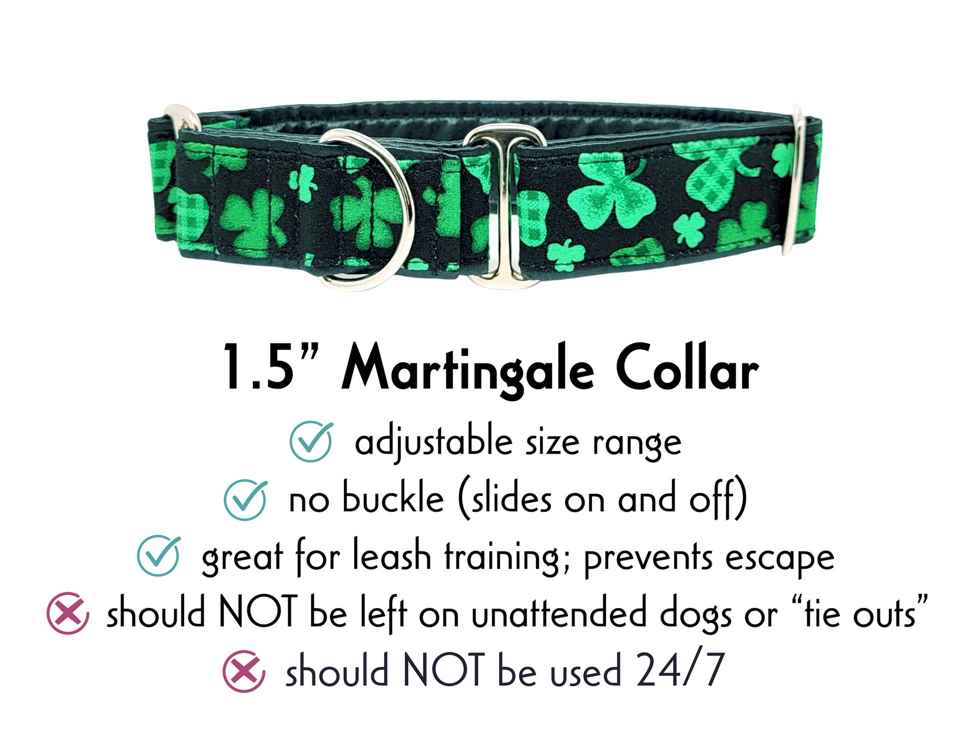 1.5 Inch Wide Festive Shamrocks Martingale Dog Collar by The Hound Haberdashery