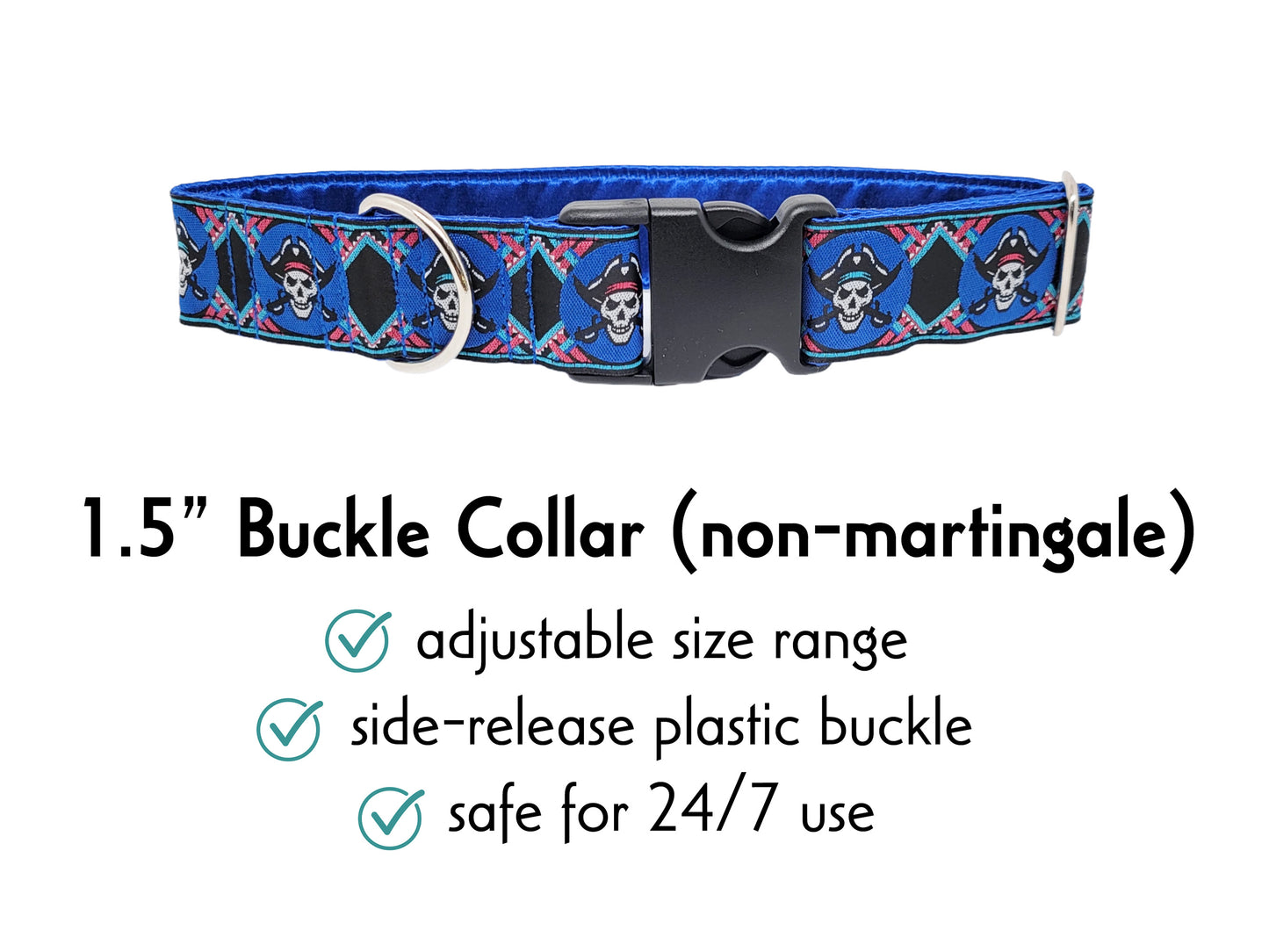 1.5 Inch Wide Blue Pirates Buckle Dog Collar by The Hound Haberdashery