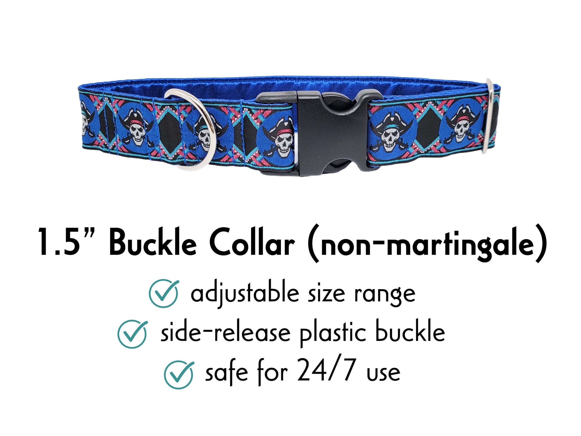 1.5 Inch Wide Blue Pirates Buckle Dog Collar by The Hound Haberdashery