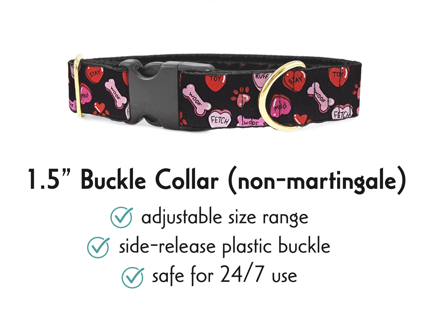 1.5 Inch Wide Canine Candy Hearts Valentines Buckle Dog Collar by The Hound Haberdashery