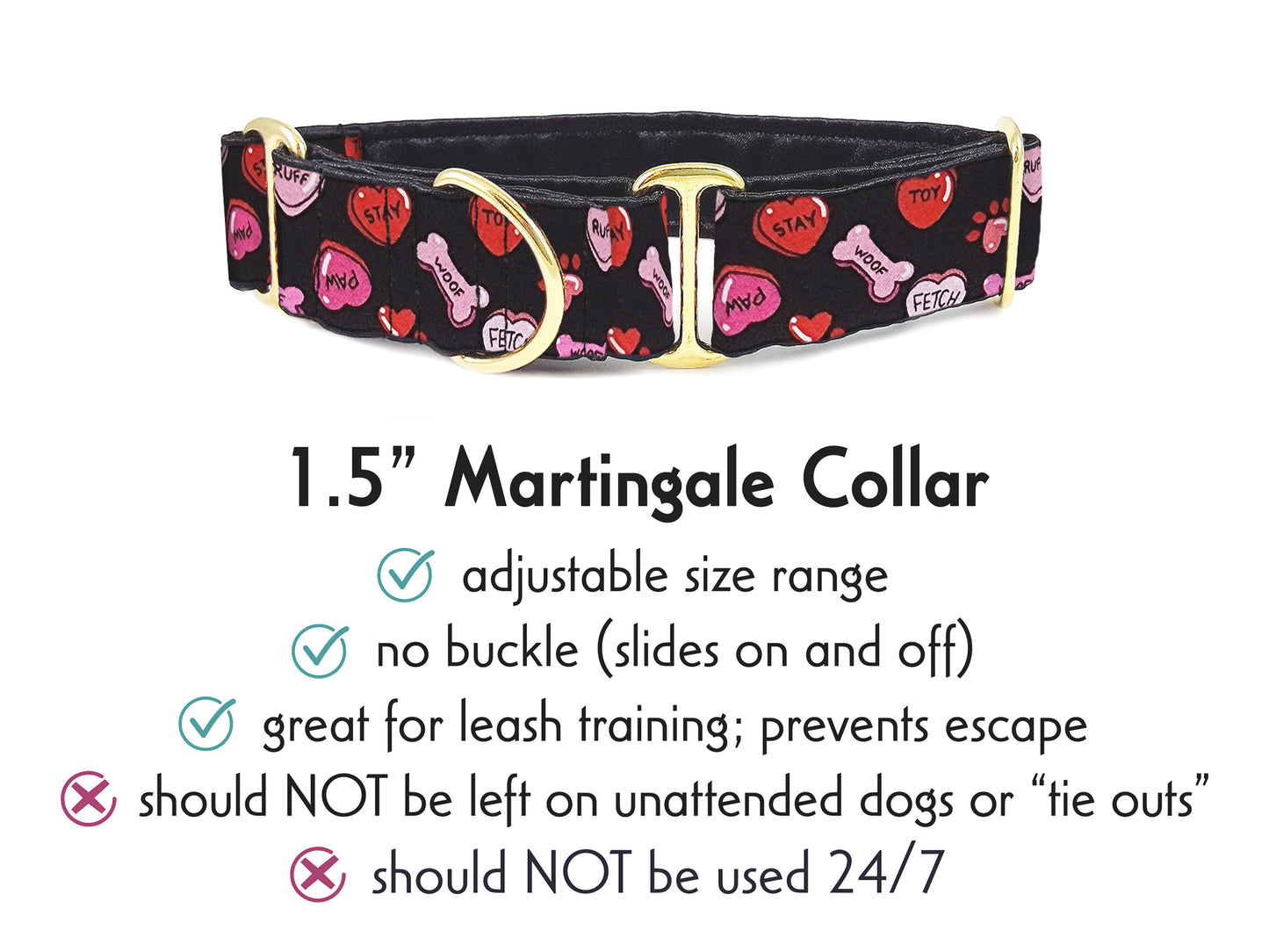 1.5 Inch Wide Canine Candy Hearts Valentines Martingale Dog Collar by The Hound Haberdashery