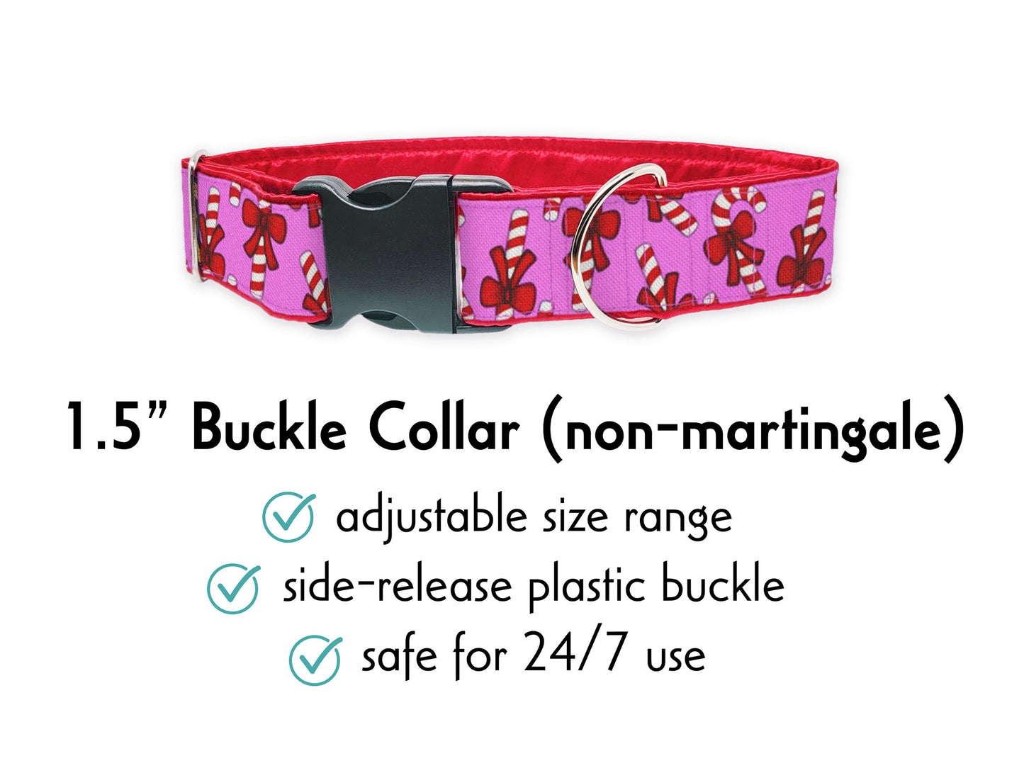 1.5 Inch Wide Christmas Candy Canes Dog Collar - Martingale or Buckle Style for Medium to Large Breeds, Whippets, Greyhounds, Poodles, Doodles