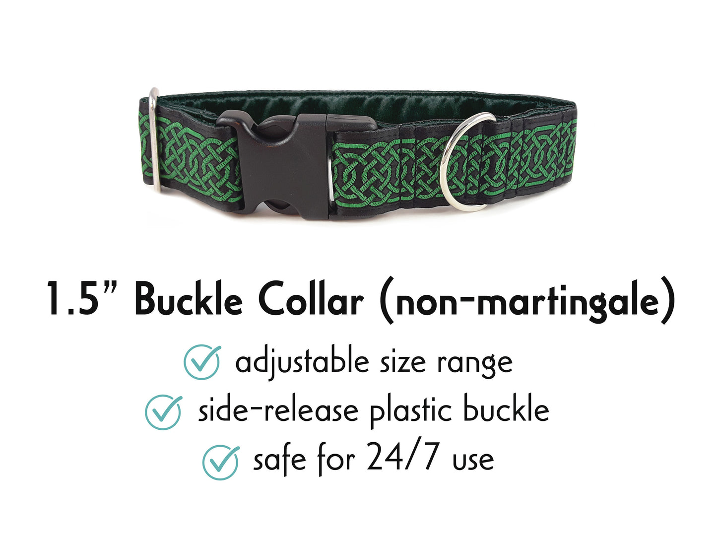1.5 Inch Wide Black & Green Wexford Celtic Braid Buckle Dog Collar by The Hound Haberdashery