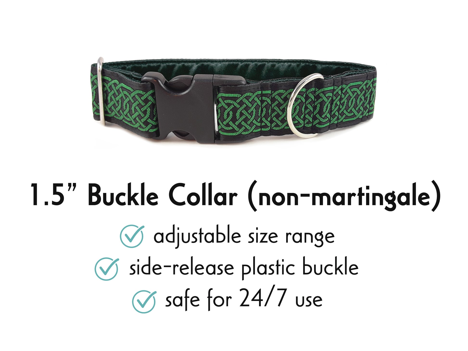1.5 Inch Wide Black & Green Wexford Celtic Braid Buckle Dog Collar by The Hound Haberdashery