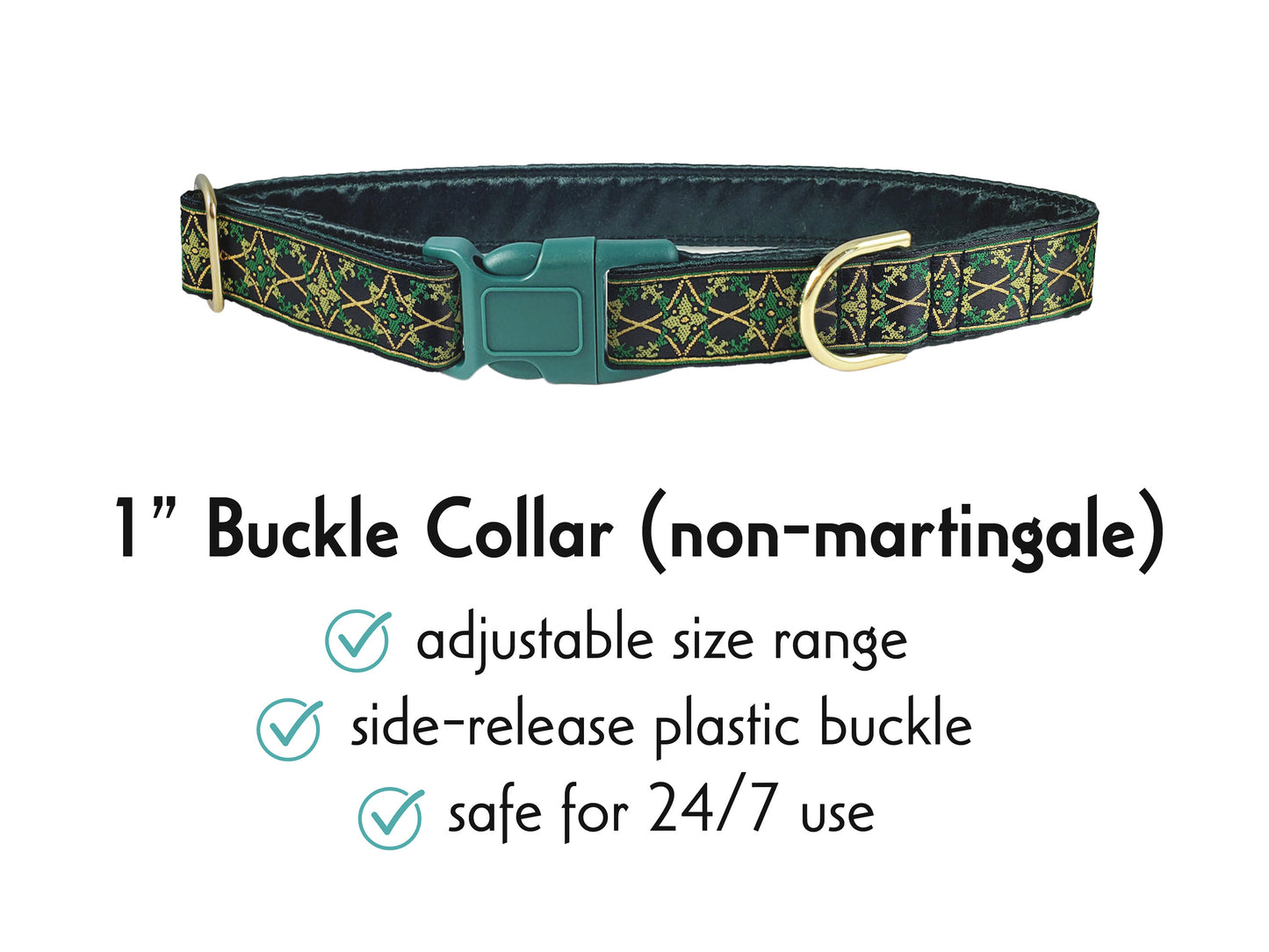 1 Inch Wide Green, Gold Exeter Buckle Dog Collar by The Hound Haberdashery