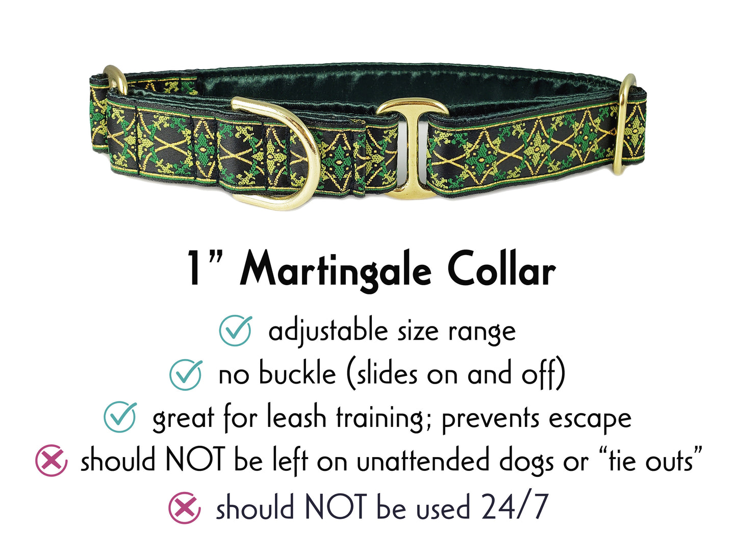 1 Inch Wide Green, Gold Exeter Martingale Dog Collar by The Hound Haberdashery