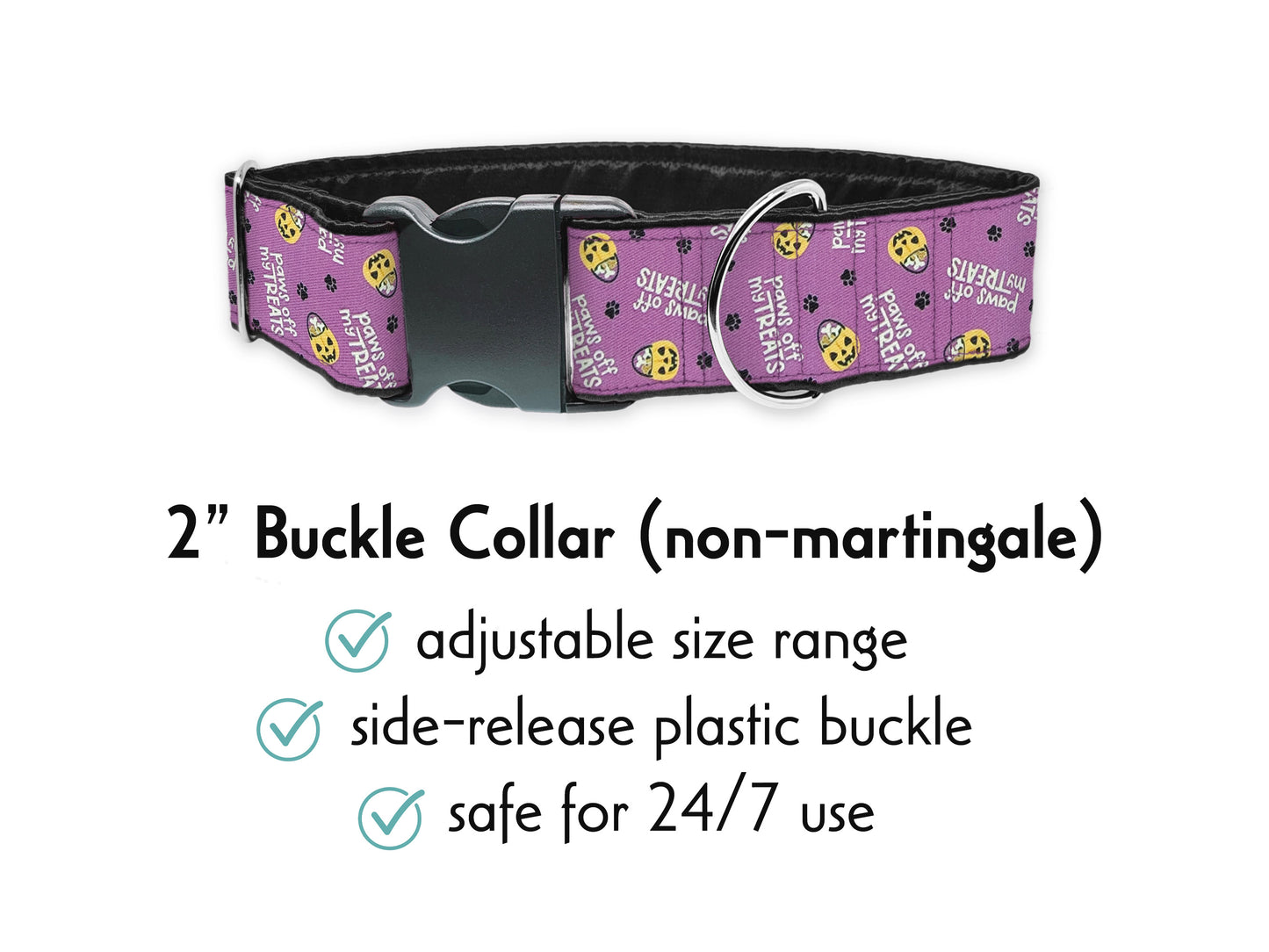 2 Inch Wide Purple Halloween Paws Off My Treats Martingale Dog Collar by The Hound Haberdashery