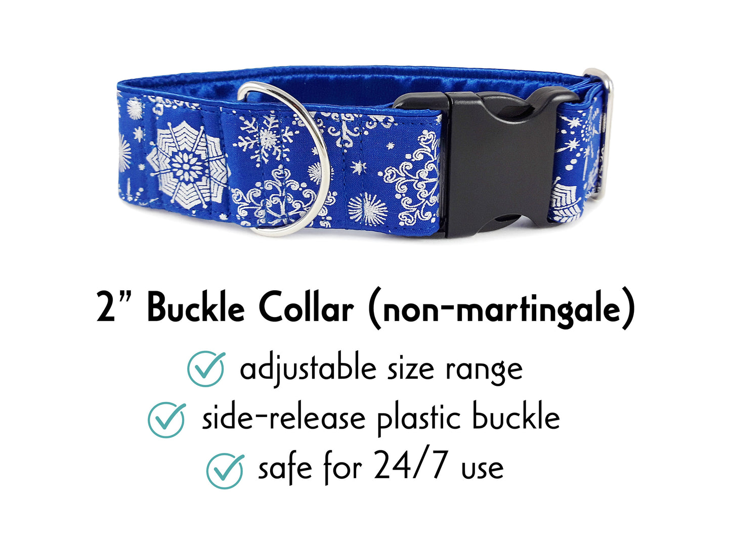 2 Inch Wide Blue, Silver Snowflakes Buckle Dog Collar by The Hound Haberdashery