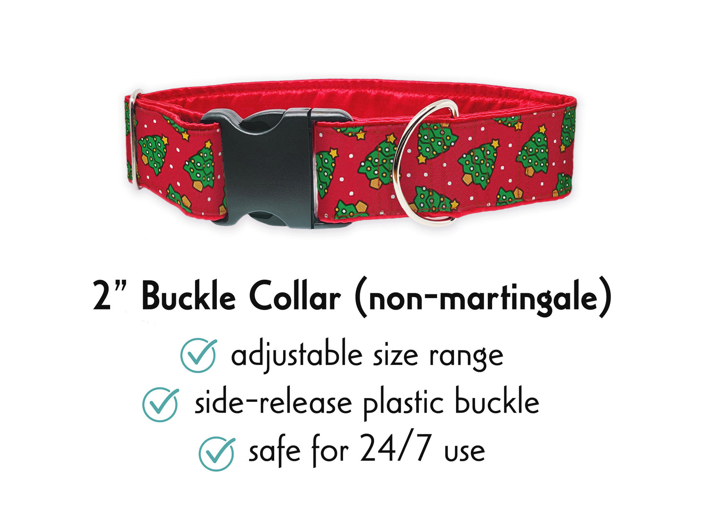 2 Inch Wide Christmas Trees Buckle Dog Collar by The Hound Haberdashery | Adjustable, Satin-Lined Dog Collar for Medium to Large Breeds, Greyhounds, Great Danes, Borzois, Silken Windhounds, Wolfhounds, Etc.