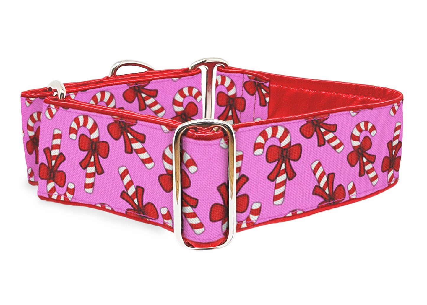 2 Inch Wide Christmas Candy Canes Dog Collar - Martingale or Buckle Style - Adjustable and Satin-Lined for Medium & Large Breeds, Greyhounds, Great Danes, Mastiffs, Poodles, Etc.