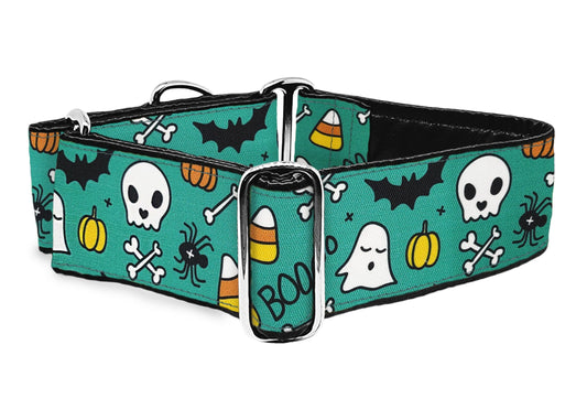 2 Inch Wide Teal Halloween Martingale Dog Collar by The Hound Haberdashery