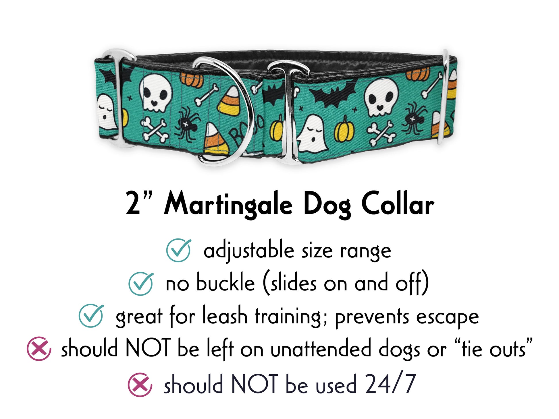 2 Inch Wide Teal Halloween Martingale Dog Collar by The Hound Haberdashery