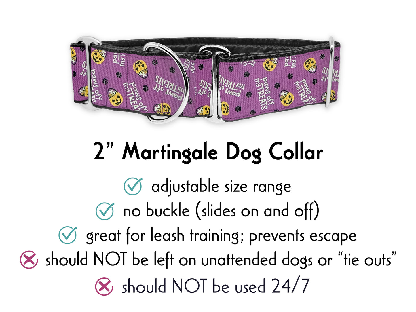 2 Inch Wide Purple Halloween Paws Off My Treats Martingale Dog Collar by The Hound Haberdashery