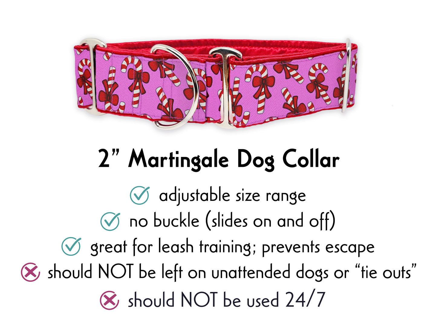 2 Inch Wide Christmas Candy Canes Dog Collar - Martingale or Buckle Style - Adjustable and Satin-Lined for Medium & Large Breeds, Greyhounds, Great Danes, Mastiffs, Poodles, Etc.