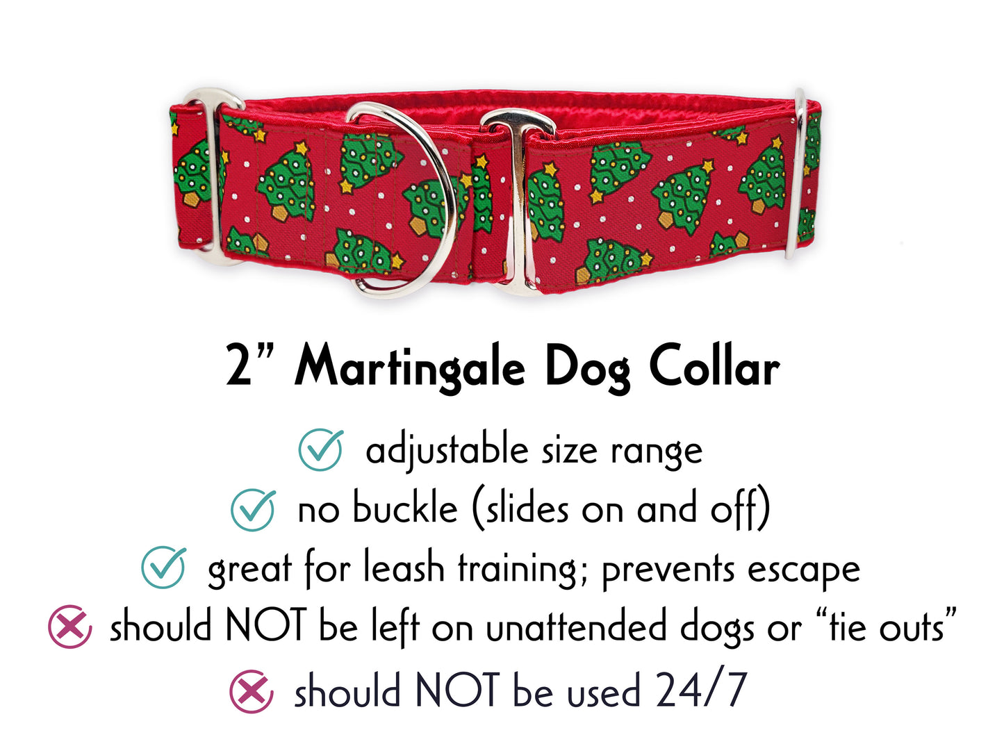2 Inch Wide Christmas Trees Martingale Dog Collar by The Hound Haberdashery | Adjustable, Satin-Lined Dog Collar for Medium to Large Breeds, Greyhounds, Great Danes, Borzois, Silken Windhounds, Wolfhounds, Etc.
