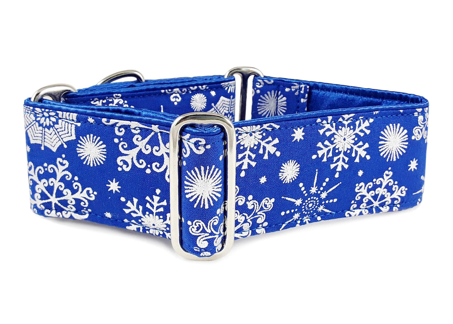 2 Inch Wide Blue, Silver Snowflakes Dog Collar by The Hound Haberdashery