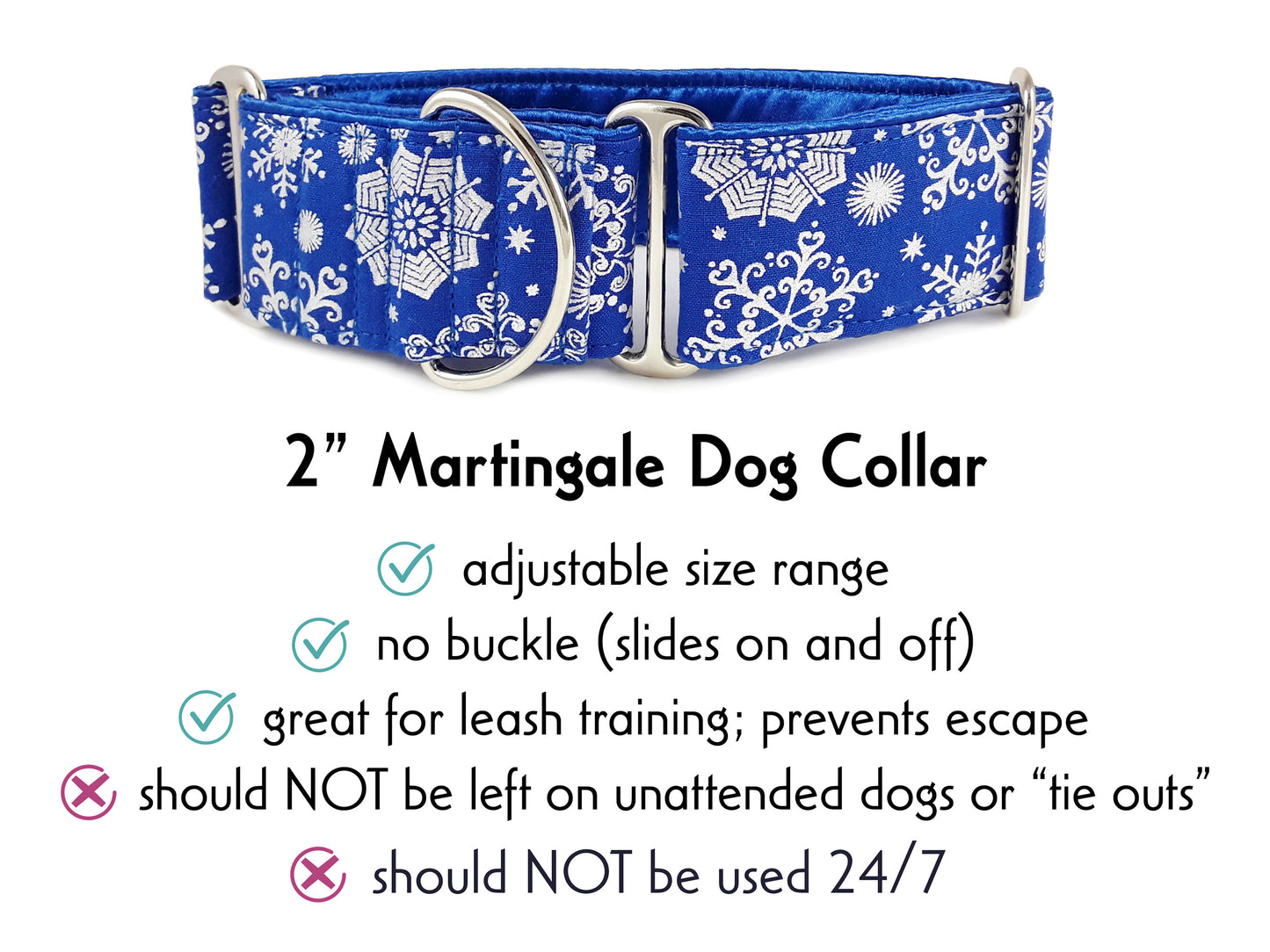2 Inch Wide Blue, Silver Snowflakes Martingale Dog Collar by The Hound Haberdashery