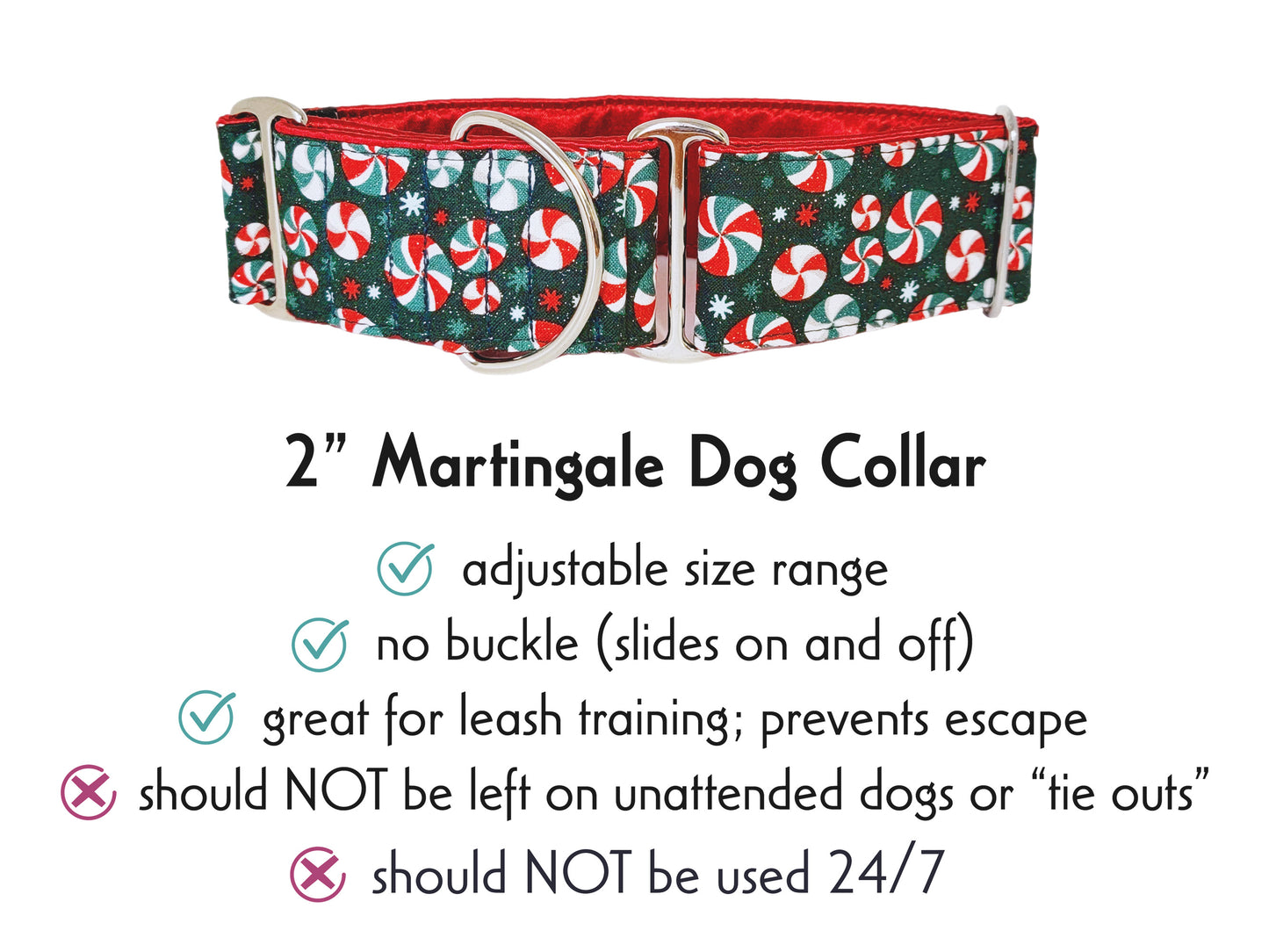 2 Inch Wide Christmas Peppermints Martingale Dog Collar by The Hound Haberdashery