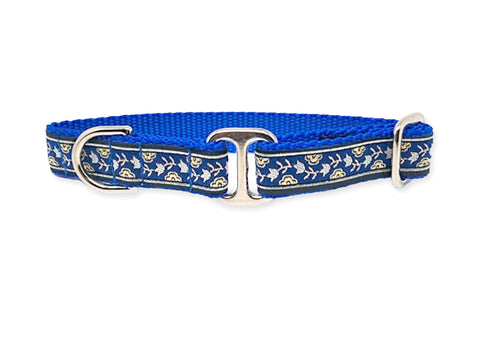 Tag Collar - Stratford in Blue & Metallic Gold and Silver - 3/4 Inch Width