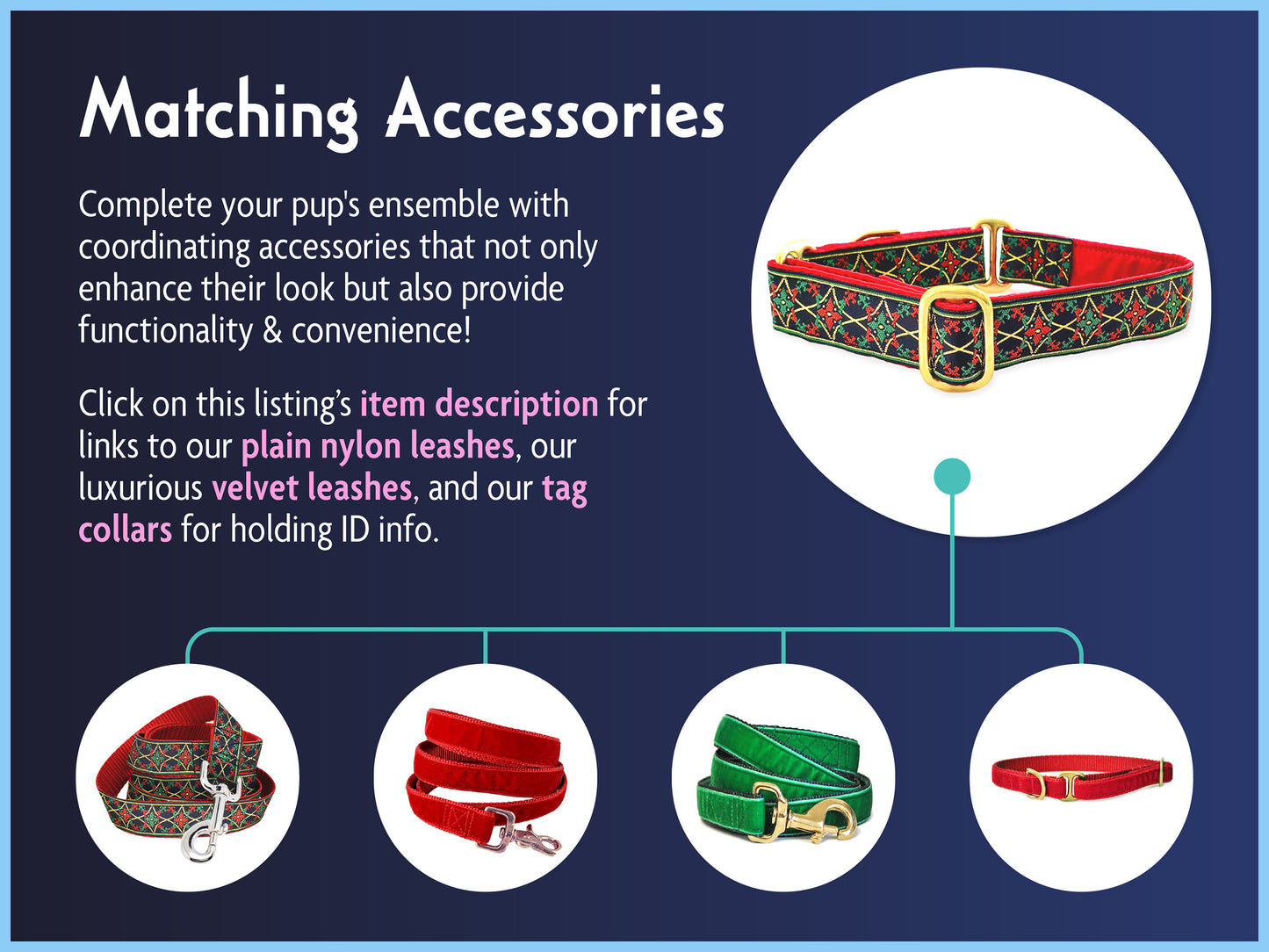 Matching Accessories for the 1 Inch Wide Christmas Exeter Dog Collar by The Hound Haberdashery