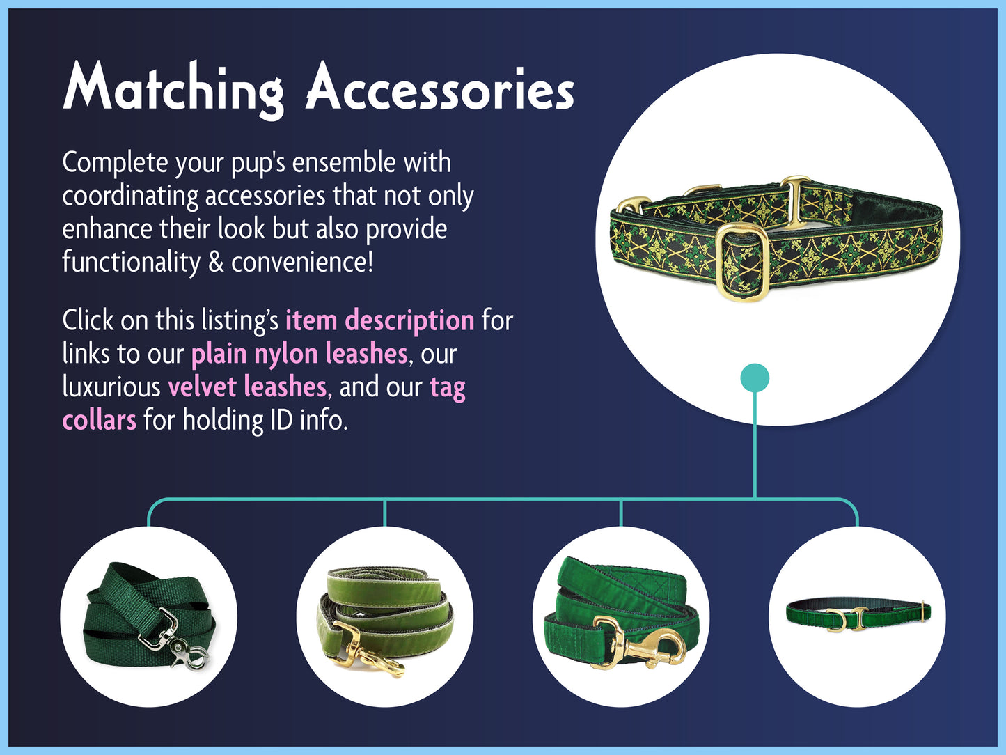 Matching Accessories for the 1 Inch Wide Green, Gold Exeter Dog Collar by The Hound Haberdashery