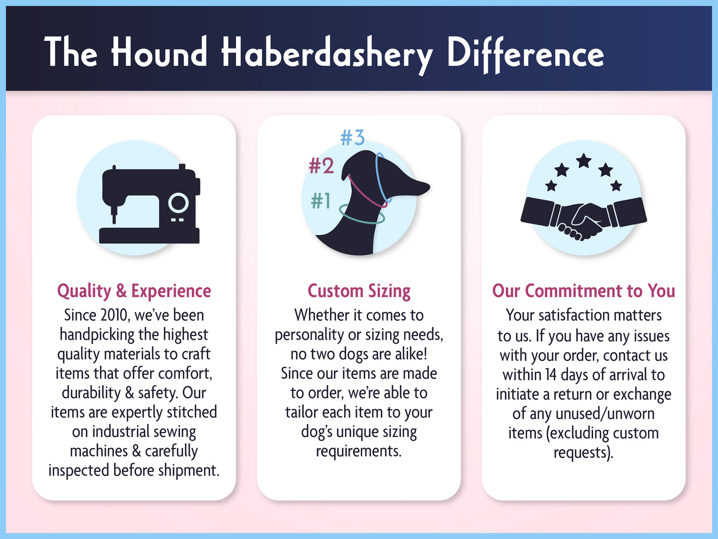 Hound Haberdashery Difference: Quality & Experience, Custom Sizing, and Commitment to our Customers