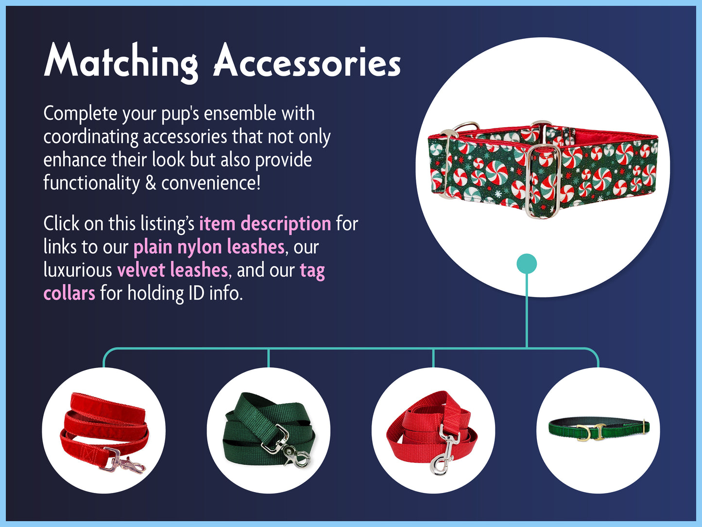 Matching Accessories for the 1.5 Inch Wide Christmas Peppermints Dog Collar by The Hound Haberdashery