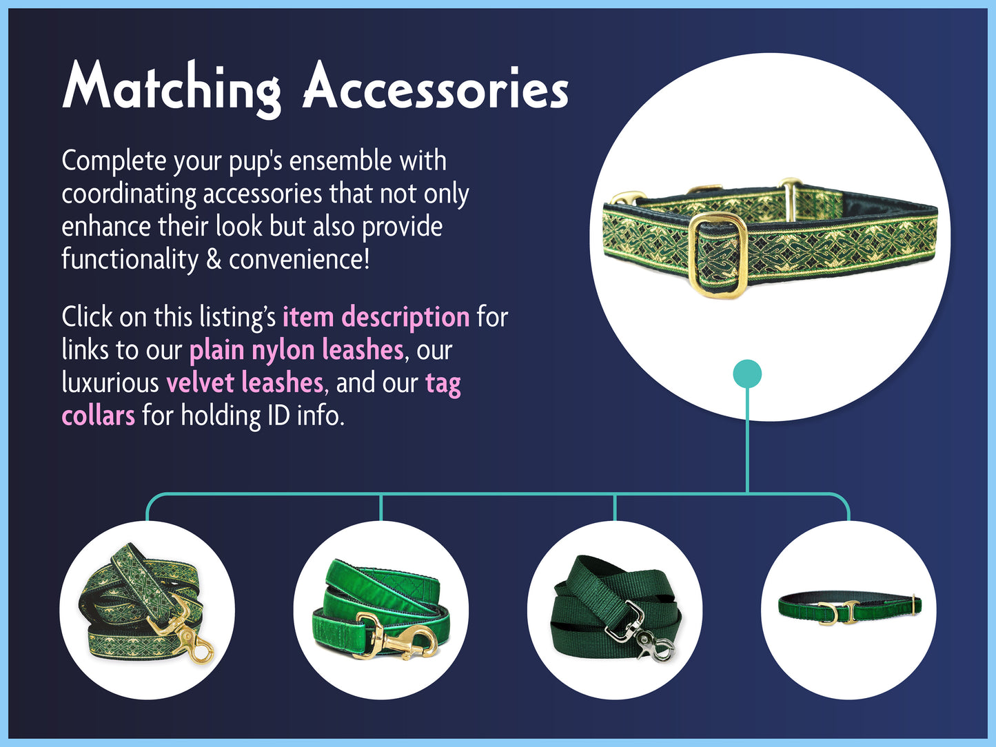 Matching Accessories for the 1 Inch Wide Green, Gold Clifden Dog Collar by The Hound Haberdashery