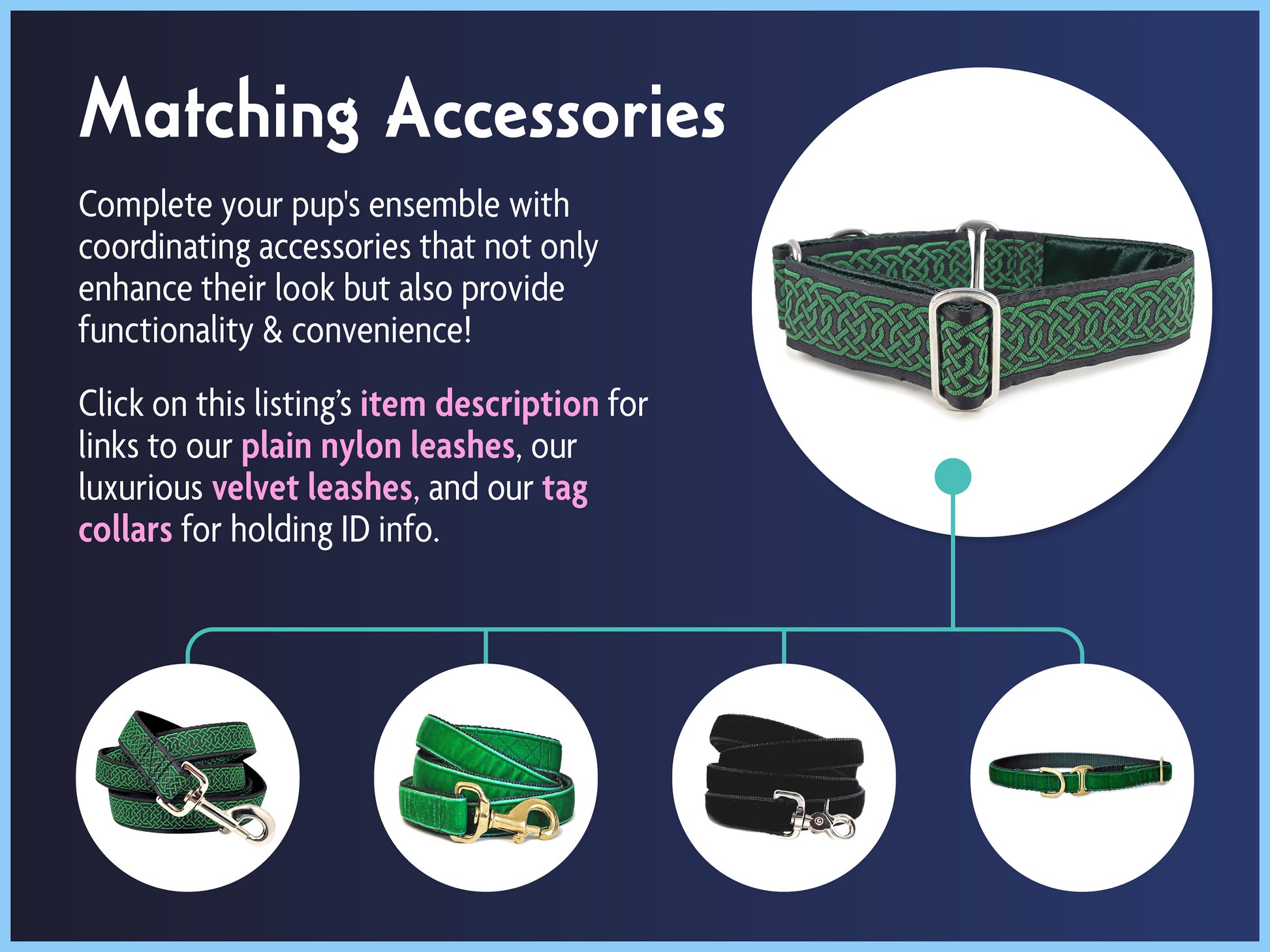 Matching Accessories for the 1.5 Inch Wide Black & Green Wexford Celtic Braid Dog Collar by The Hound Haberdashery