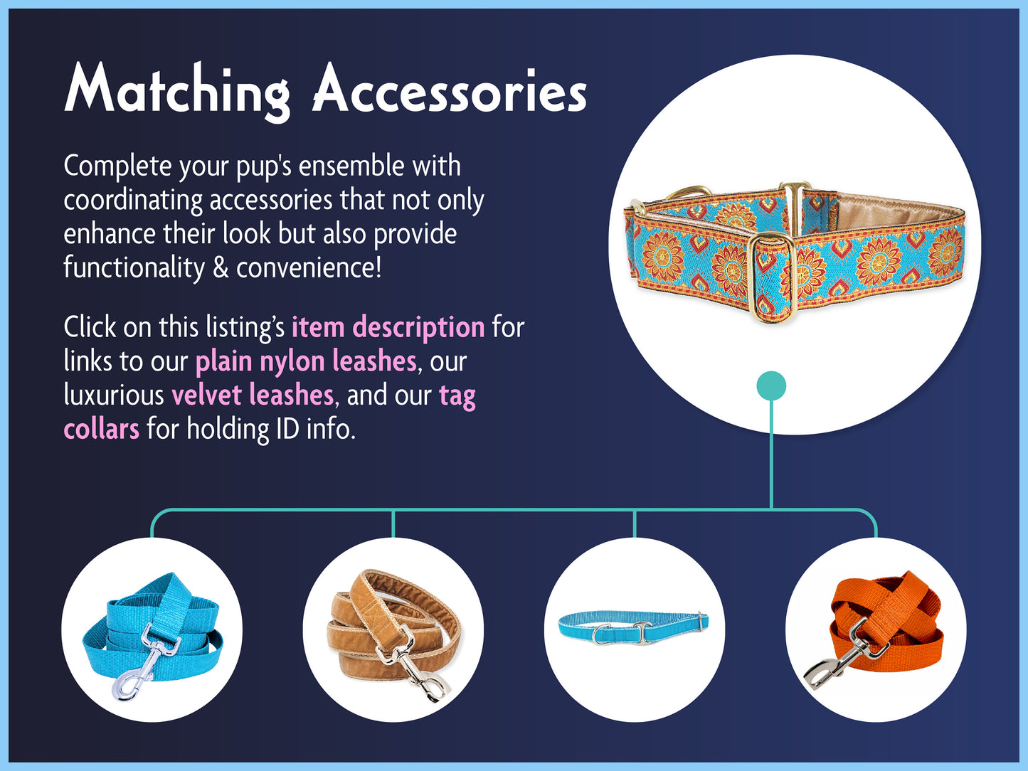 Matching Accessories for the 1.5 Inch Wide Turquoise, Orange Sunburst Dog Collar by The Hound Haberdashery