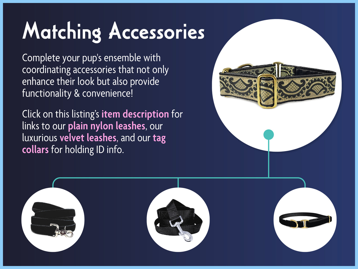 Matching Accessories for the 1.5 Inch Wide Black, Gold Tivoli Dog Collar by The Hound Haberdashery