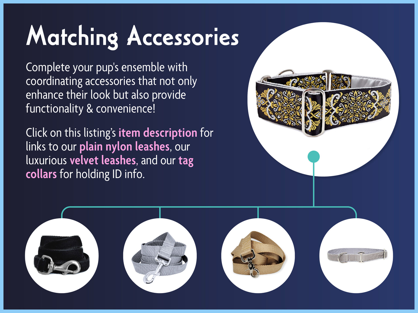Matching Accessories for the 2 Inch Wide Silver, Gold Shiraz Dog Collar by The Hound Haberdashery