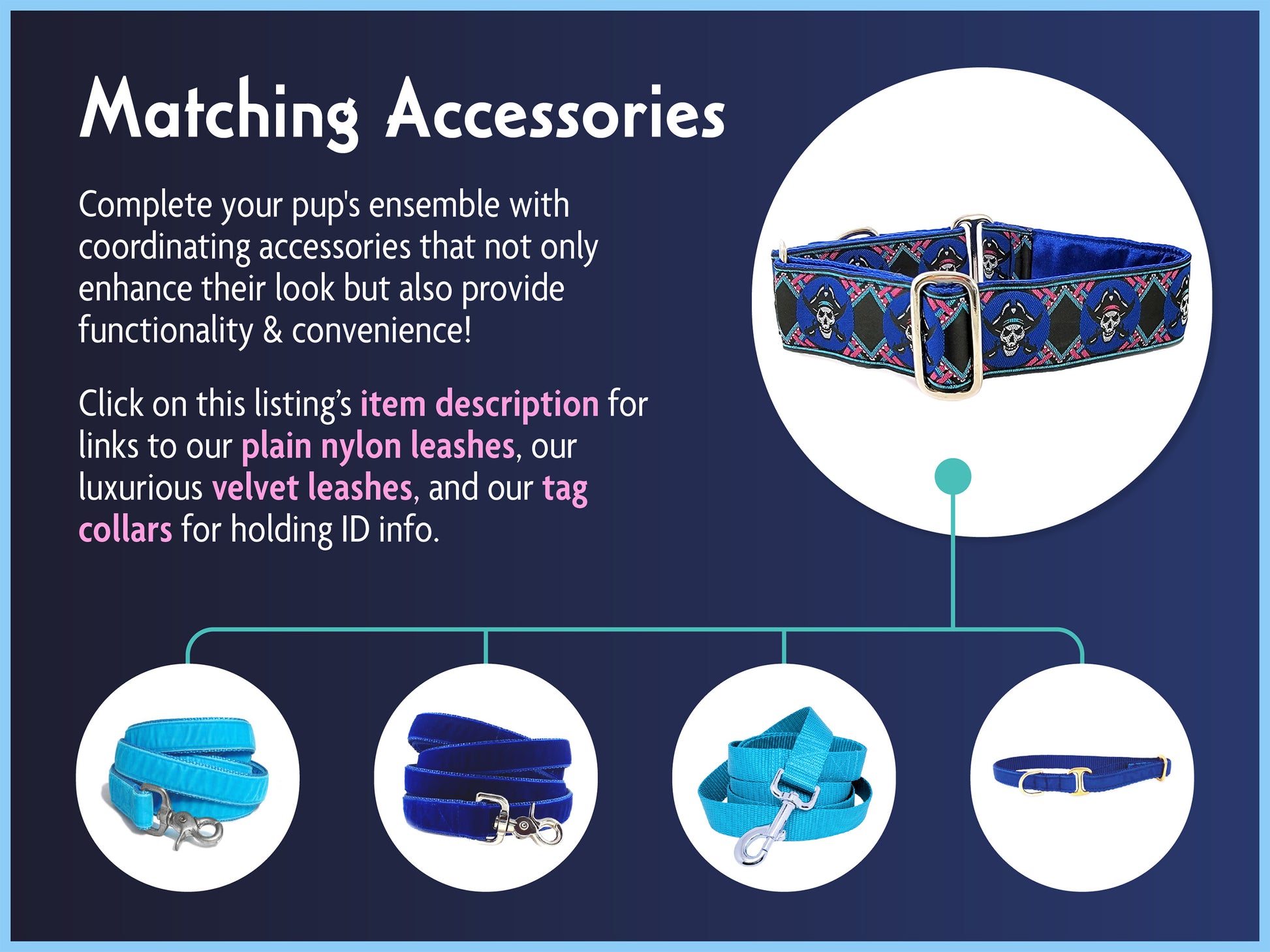 Matching Accessories for the 1.5 Inch Wide Blue Pirates Dog Collar by The Hound Haberdashery