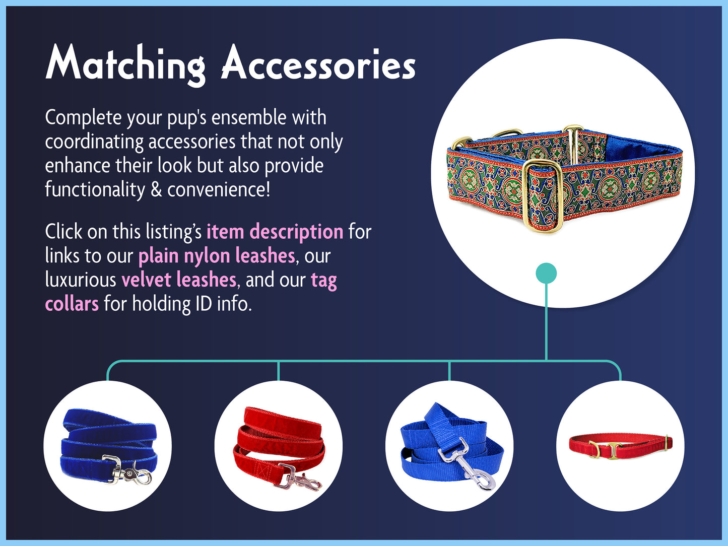 Matching Accessories for the 1.5 Inch Wide Red, Blue Renaissance Dog Collar by The Hound Haberdashery