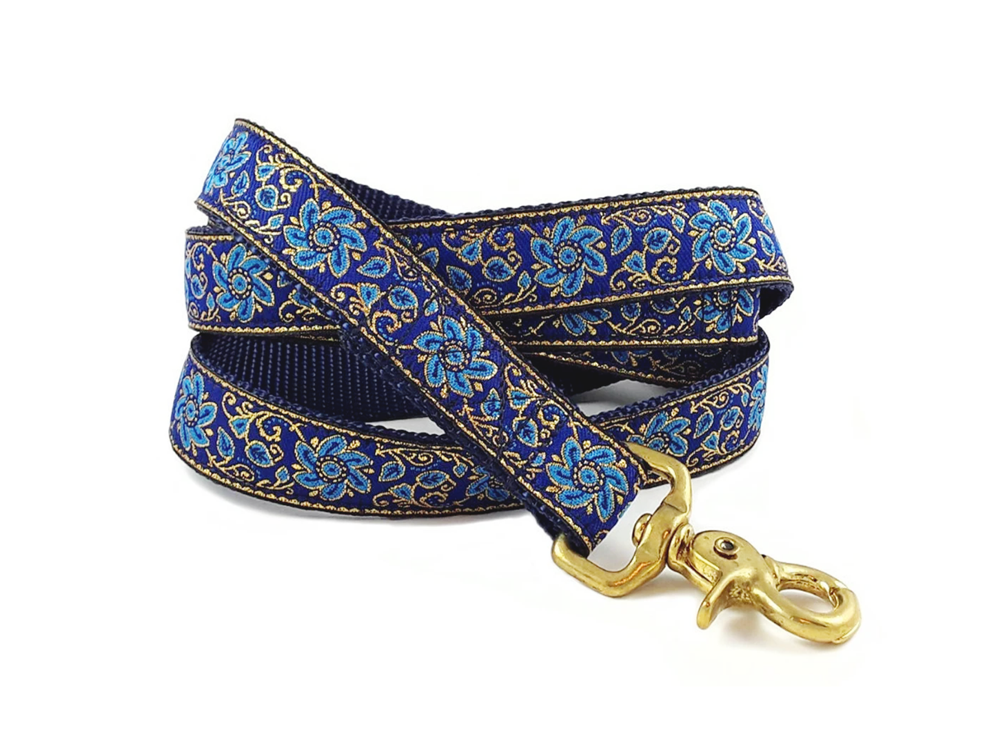 Blue, Turquoise & Gold Floral Sevilla Dog Leash by The Hound Haberdashery