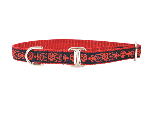 3/4 Inch Red, Black Skulls Dog Tag Collar by The Hound Haberdashery